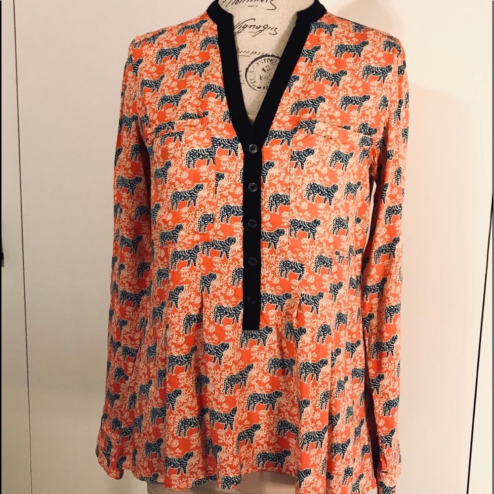 ANTHROPOLOGIE Tiger Blouse in bright orange & navy